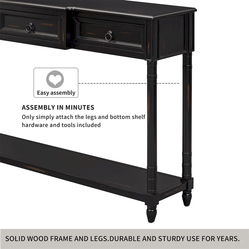Rustic Solid Wood Console Table with 3 Drawers and Lower Shelf