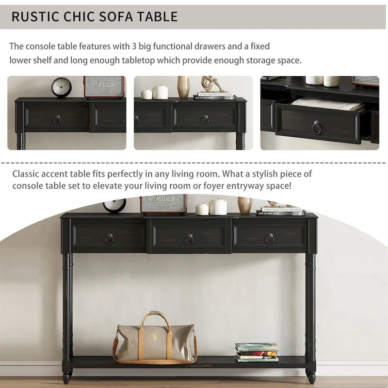 Rustic Solid Wood Console Table with 3 Drawers and Lower Shelf