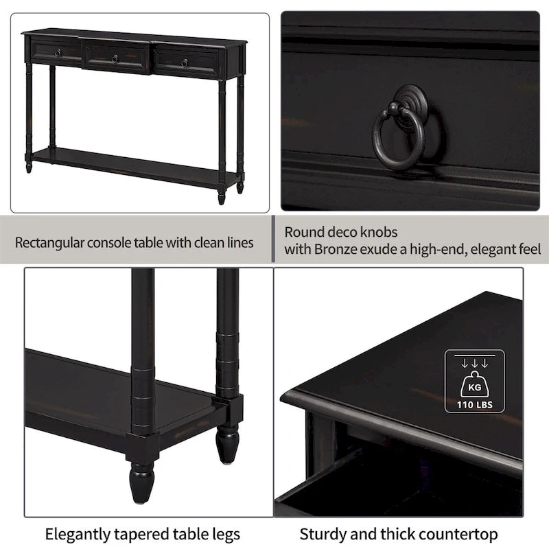 Rustic Solid Wood Console Table with 3 Drawers and Lower Shelf
