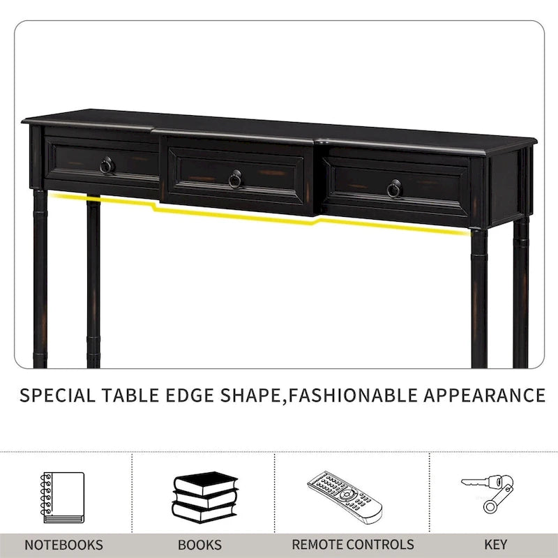 Rustic Solid Wood Console Table with 3 Drawers and Lower Shelf
