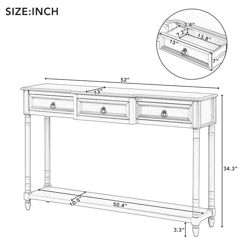 Rustic Solid Wood Console Table with 3 Drawers and Lower Shelf