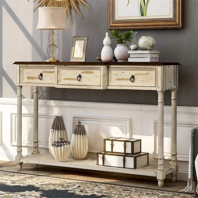Rustic Solid Wood Console Table with 3 Drawers and Lower Shelf