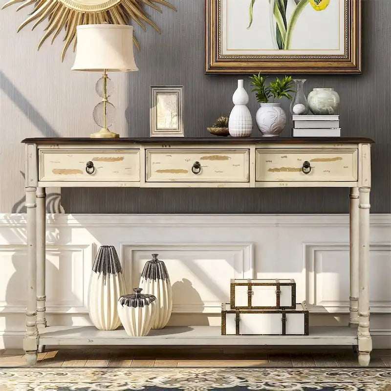 Rustic Solid Wood Console Table with 3 Drawers and Lower Shelf