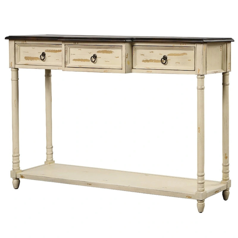 Rustic Solid Wood Console Table with 3 Drawers and Lower Shelf