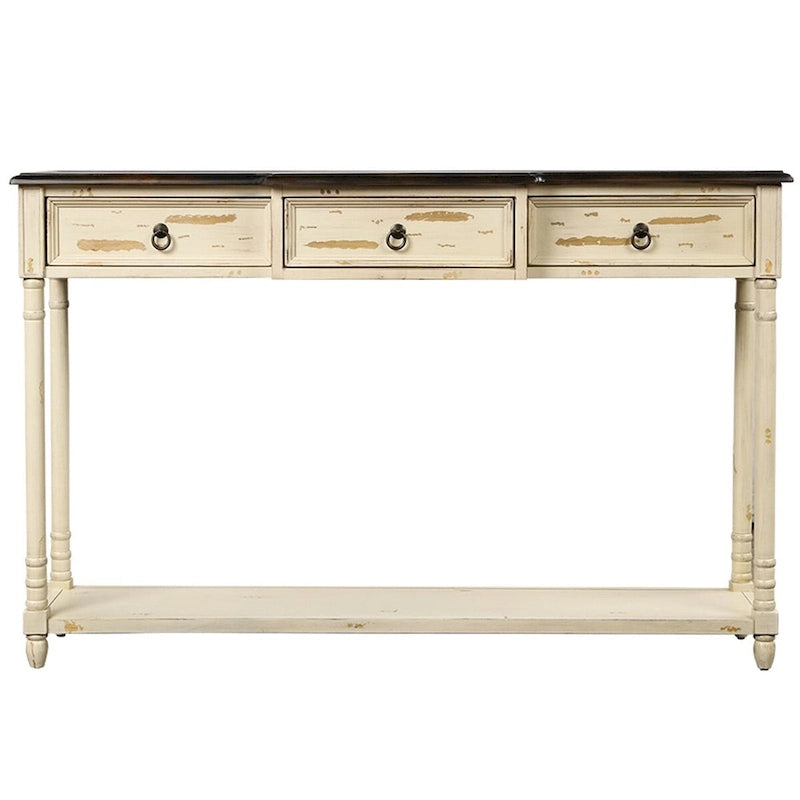 Rustic Solid Wood Console Table with 3 Drawers and Lower Shelf