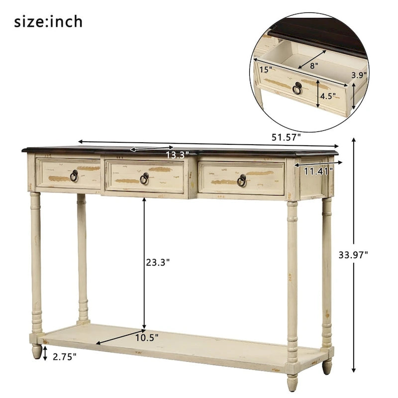 Rustic Solid Wood Console Table with 3 Drawers and Lower Shelf