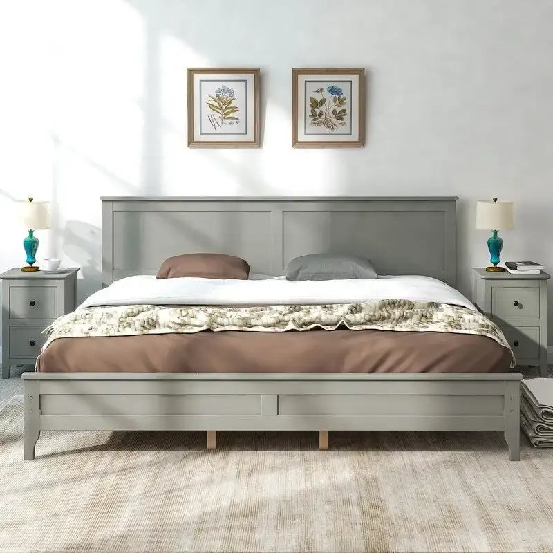 King Platform Bed Frame with Headboard, Footboard and Wood Slats