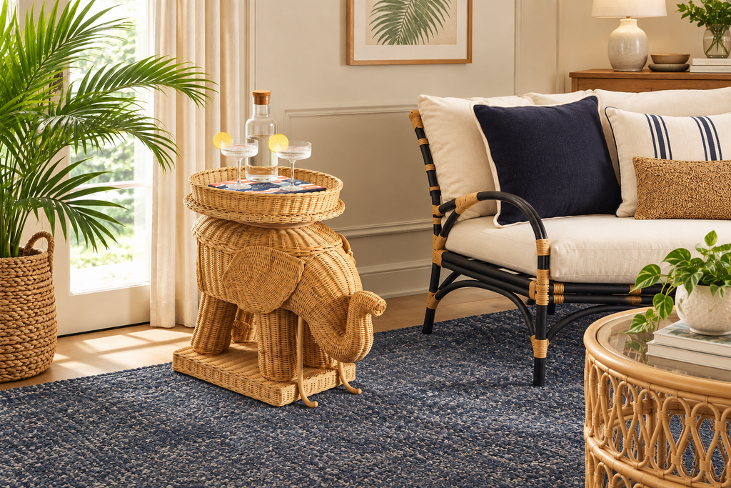 Beistelltisch aus natürlichem Rattan in Elefantenform mit Tablett - 25 x 17.5 x 21.5 in