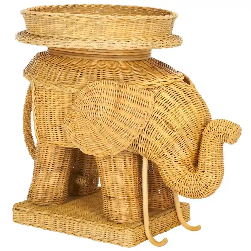 Beistelltisch aus natürlichem Rattan in Elefantenform mit Tablett - 25 x 17.5 x 21.5 in