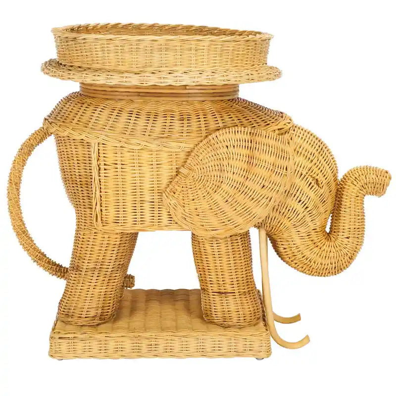 Beistelltisch aus natürlichem Rattan in Elefantenform mit Tablett - 25 x 17.5 x 21.5 in