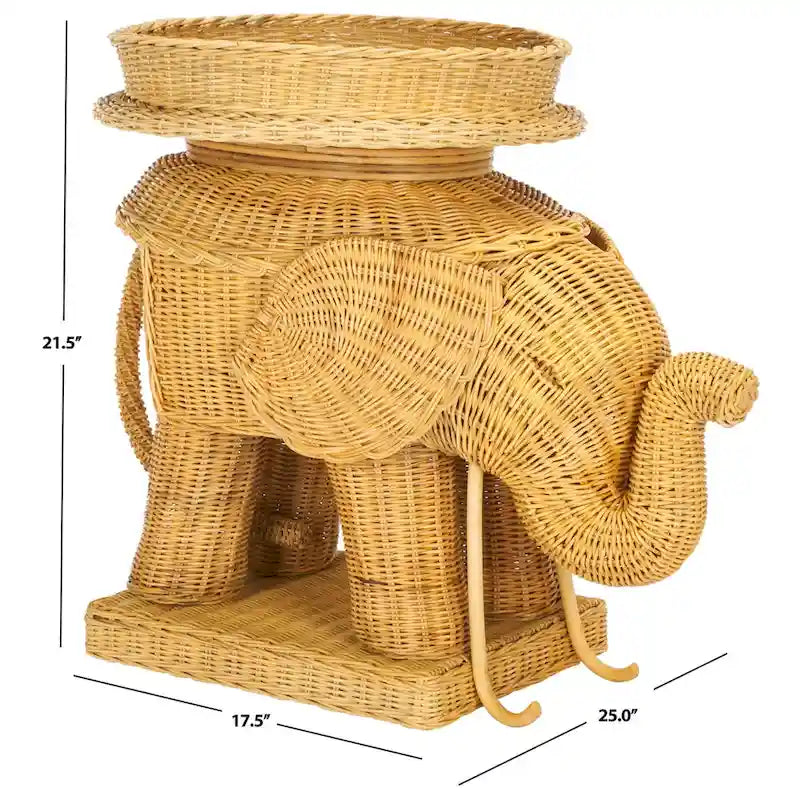 Beistelltisch aus natürlichem Rattan in Elefantenform mit Tablett - 25 x 17.5 x 21.5 in