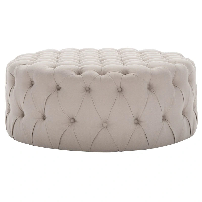 Pouf rotondo in lino capitonné con bottoni
