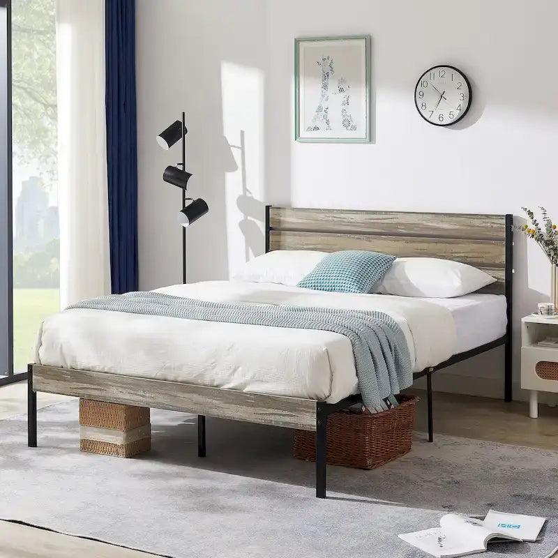 Rustic Platform Bed Frame with Wood Headboard and Metal Slats