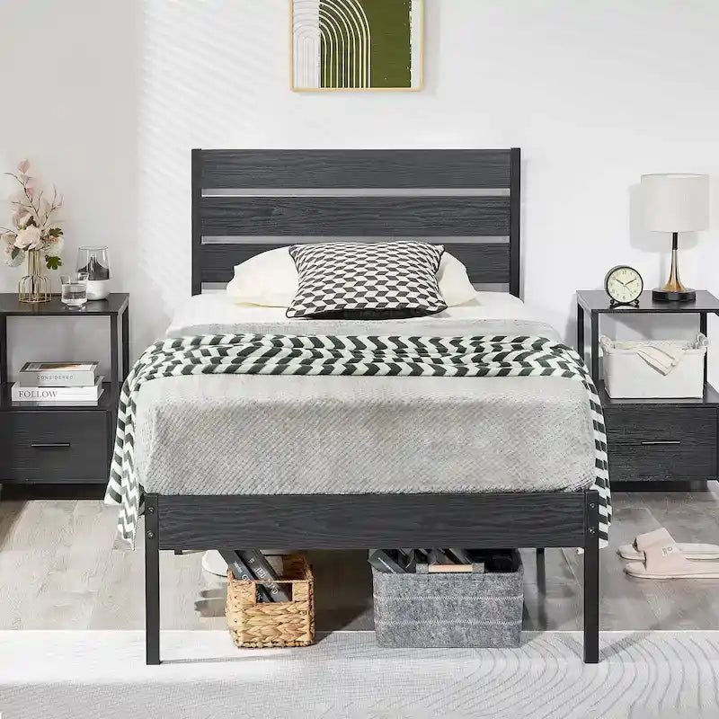 Rustic Platform Bed Frame with Wood Headboard and Metal Slats