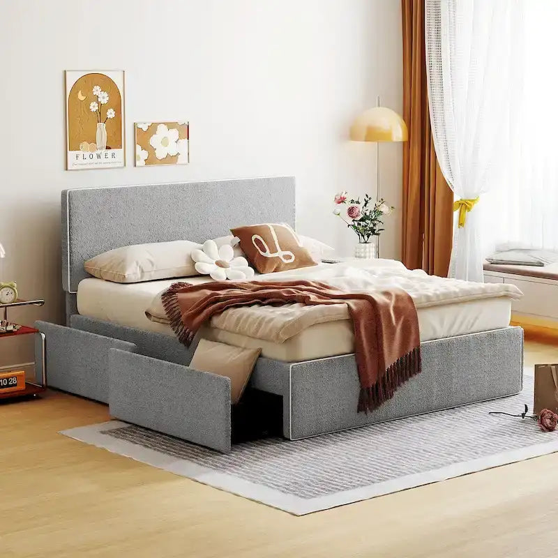 Full Size Fleece Upholstered Platform Bed with 4 Drawers