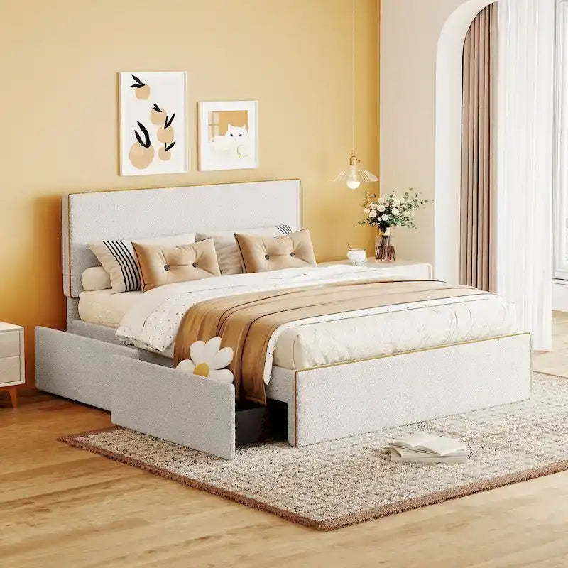 Full Size Fleece Upholstered Platform Bed with 4 Drawers