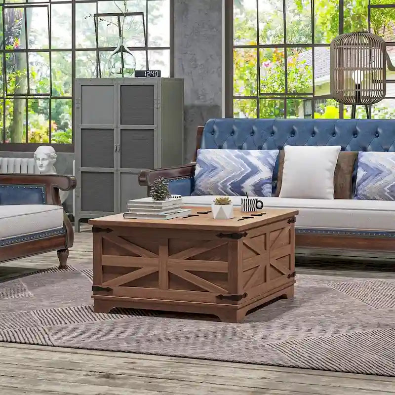 HOMCOM Farmhouse Coffee Table with Storage, Center Table with Hinged Lift Top and Hidden Space, Square Coffee Table