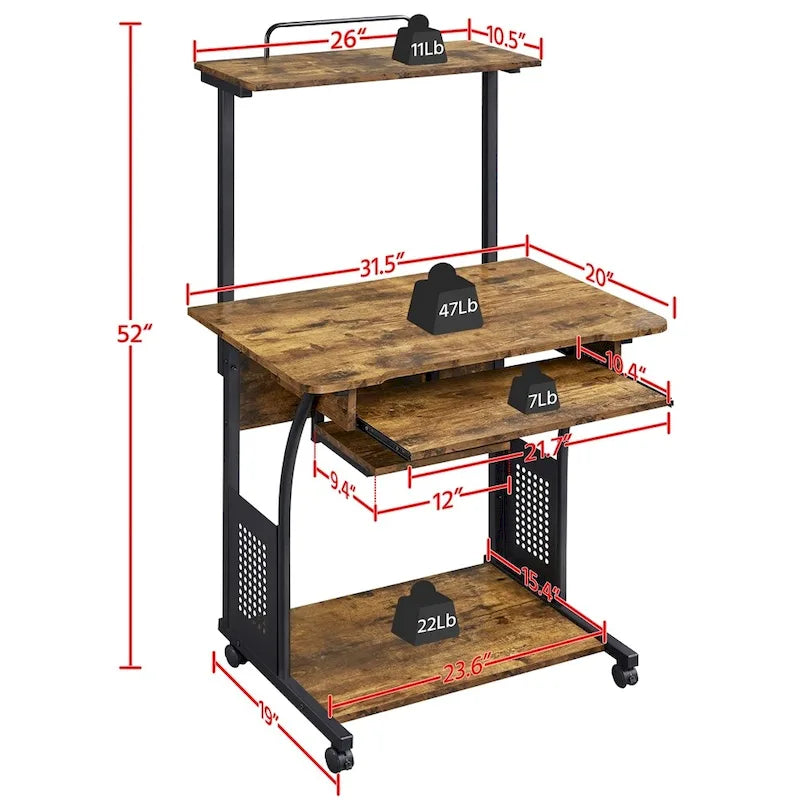 Bureau d’ordinateur portable avec 4 étagères et plateau pour clavier