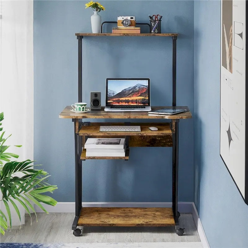 Bureau d’ordinateur portable avec 4 étagères et plateau pour clavier