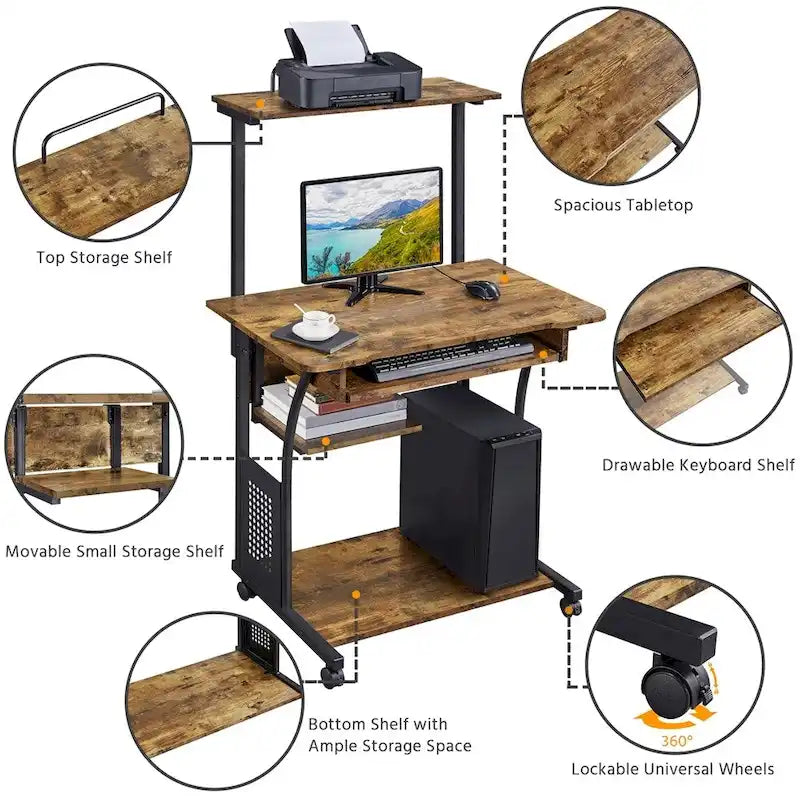 Bureau d’ordinateur portable avec 4 étagères et plateau pour clavier