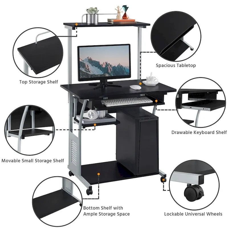 Bureau d’ordinateur portable avec 4 étagères et plateau pour clavier