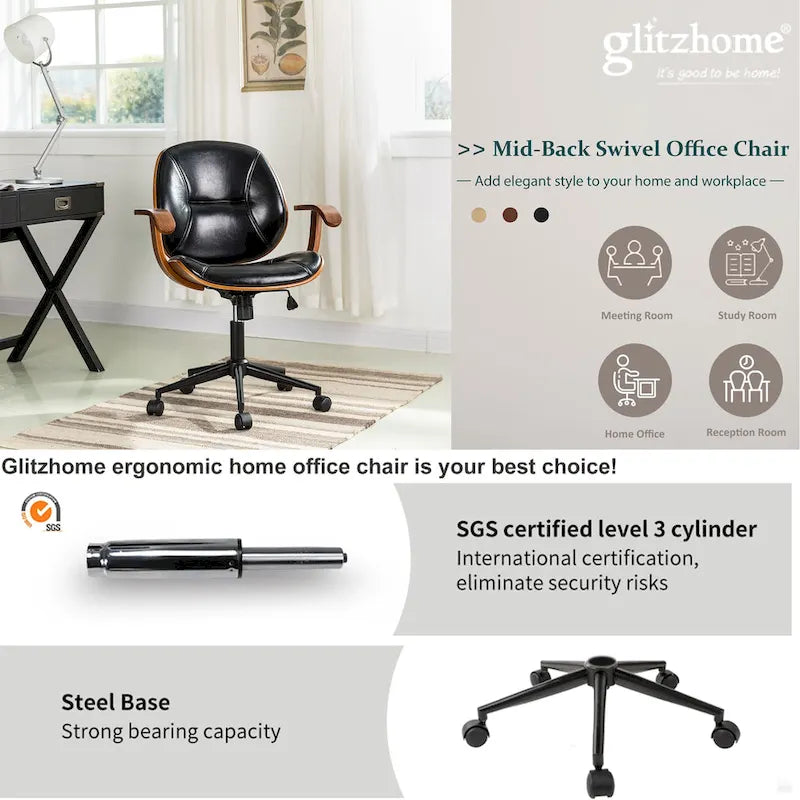 Chaise de bureau pivotante réglable en similicuir avec accoudoirs