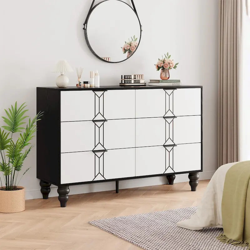Komoda se 6 zásuvkami a hlubokými zásuvkami, moderní dřevěná truhla