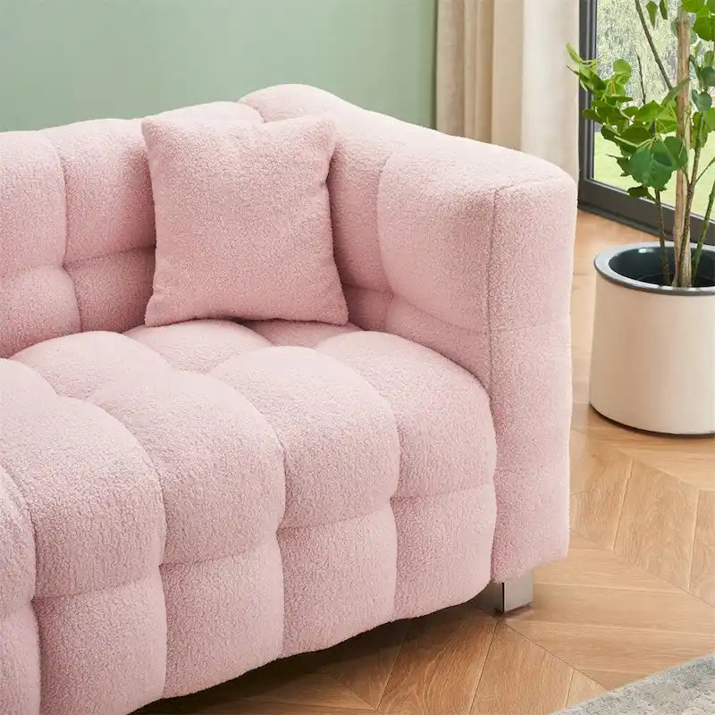 Bank van teddyfleece met twee sierkussens en metalen poten